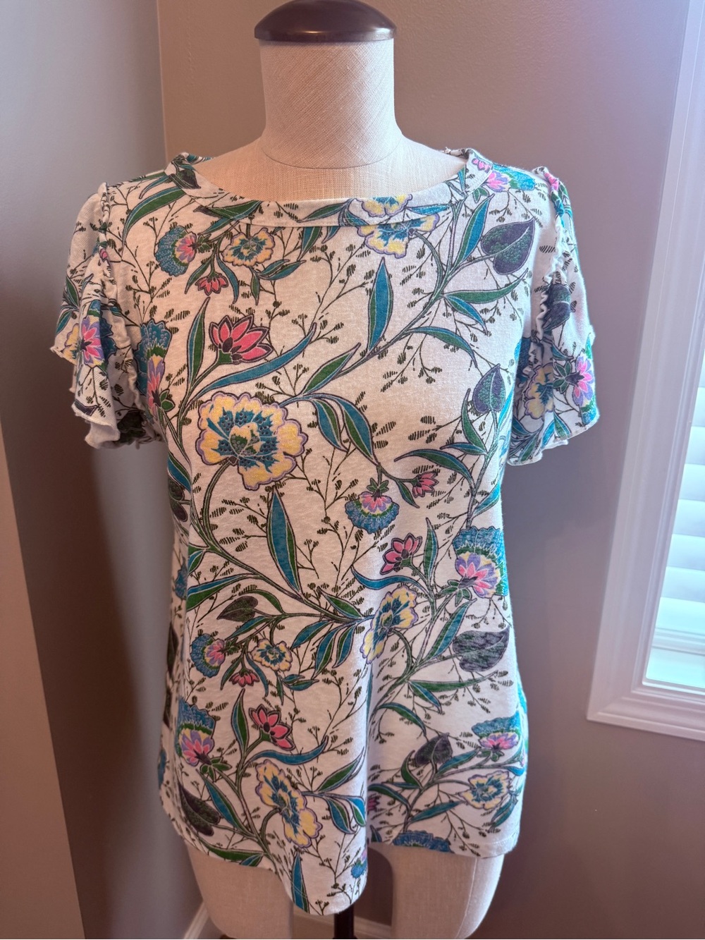 LOFT Floral Short Sleeve Top in White, Green, Blue, Yellow, Pink